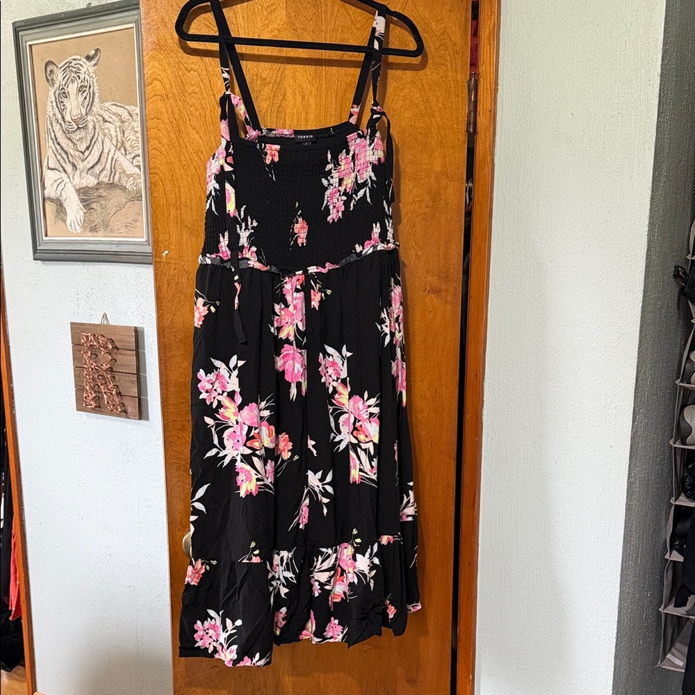 Black Floral Tie Straps Sundress with Pink Floral Print